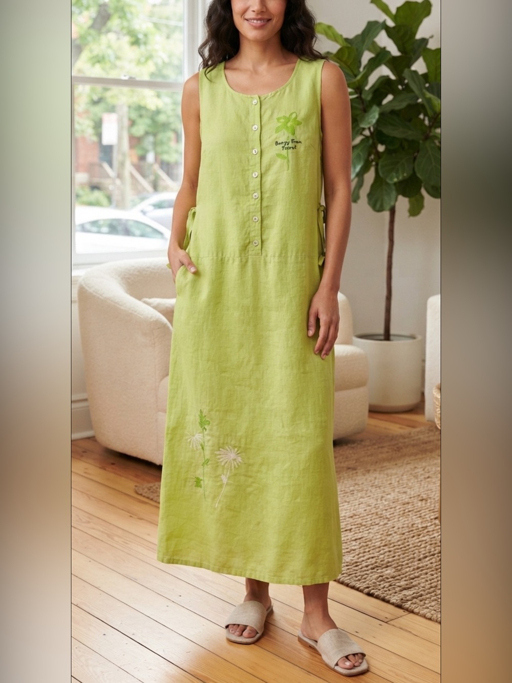 Vintage Studio Ease Linen Straight Floral Maxi Dress in Lime Green M
